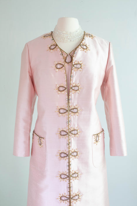 Elegant 1960's Pink Two Piece Beaded Shantung Silk Coat & Dress Set / ML