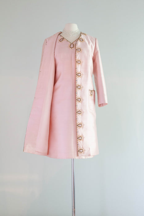 Elegant 1960's Pink Two Piece Beaded Shantung Silk Coat & Dress Set / ML