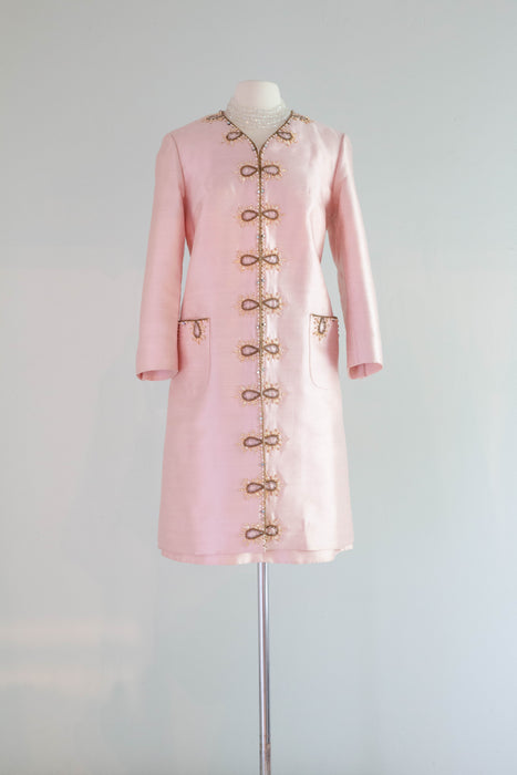 Elegant 1960's Pink Two Piece Beaded Shantung Silk Coat & Dress Set / ML