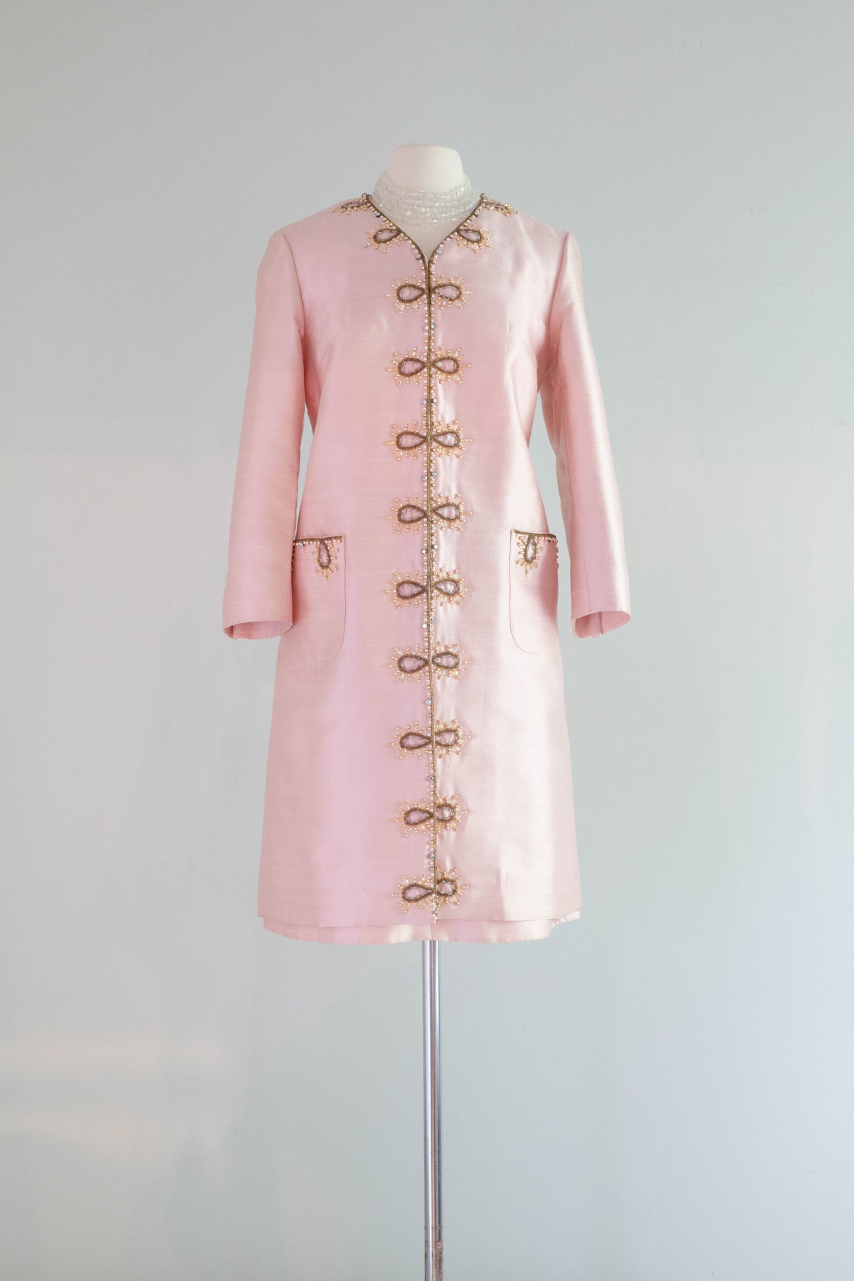 Elegant 1960's Pink Two Piece Beaded Shantung Silk Coat & Dress