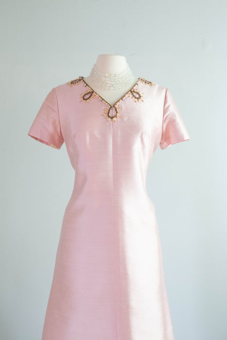 Elegant 1960's Pink Two Piece Beaded Shantung Silk Coat & Dress Set / ML