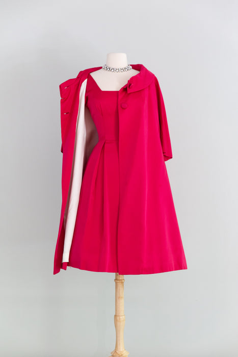 Fabulous Late 1950's Camellia Pink Cocktail Dress & Matching Swing Coat / XS