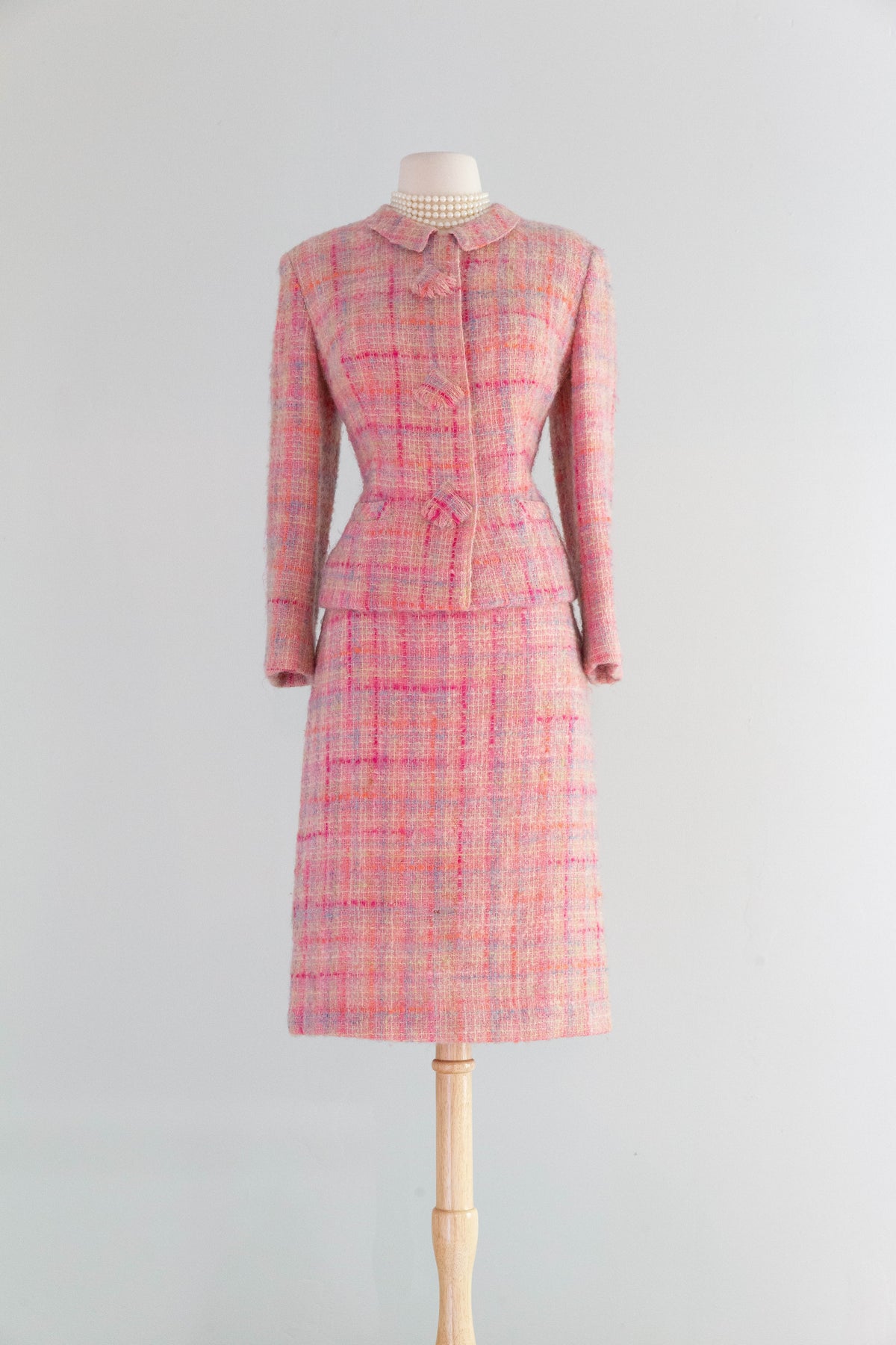 pink chanel tweed dress CHANEL CC Logo Tweed Fringe Mini Dress Pink White