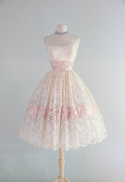 The Prettiest 1950's Ivory Lace Party Dress With Rose Satin Ribbon By Xtabay Vintage The Prettiest 1950's Ivory Lace Party Dress With Rose Satin Ribbon By Xtabay Vintage