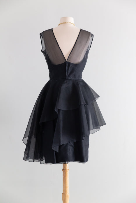 Elegant Late 1950's Black Silk Organza Cocktail Dress / Small
