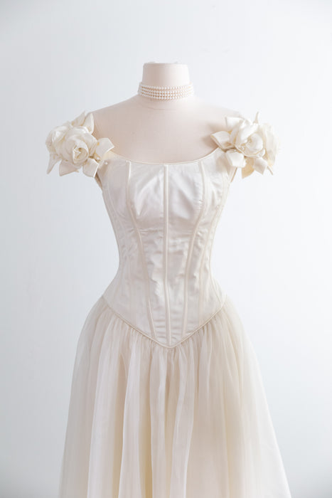 Coveted 1990's Corset Wedding Gown With Off The Shoulder Rose Neckline / XS