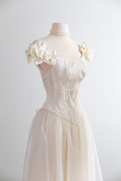 Coveted 1990's Corset Wedding Gown With Off The Shoulder Rose Neckline / XS