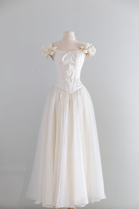 Coveted 1990's Corset Wedding Gown With Off The Shoulder Rose Neckline / XS