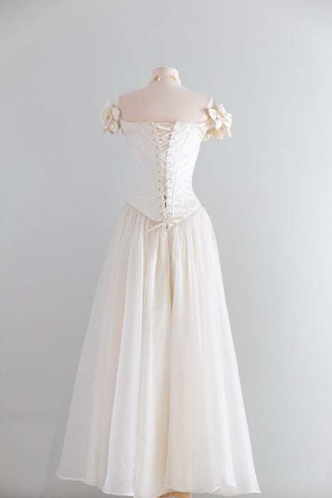 Coveted 1990's Corset Wedding Gown With Off The Shoulder Rose Neckline / XS