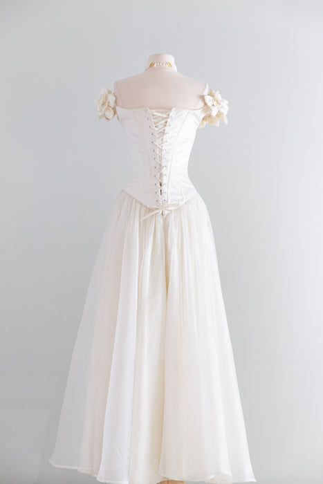 Coveted 1990's Corset Wedding Gown With Off The Shoulder Rose Neckline / XS