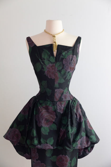 Fabulous 1950's Midnight Garden Rose Print Taffeta Cocktail Dress / SM