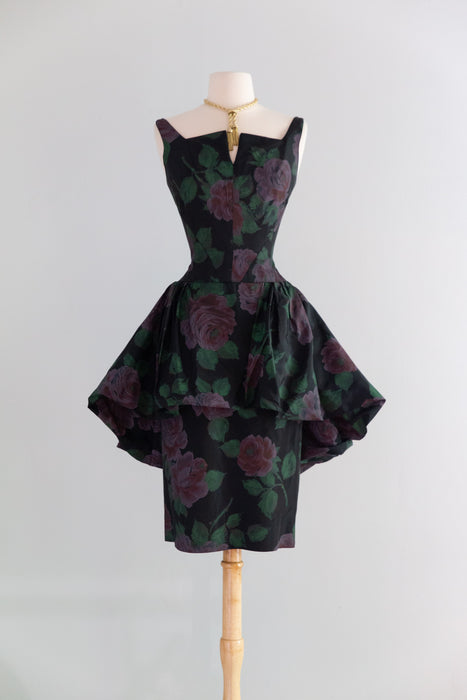 Fabulous 1950's Midnight Garden Rose Print Taffeta Cocktail Dress / SM