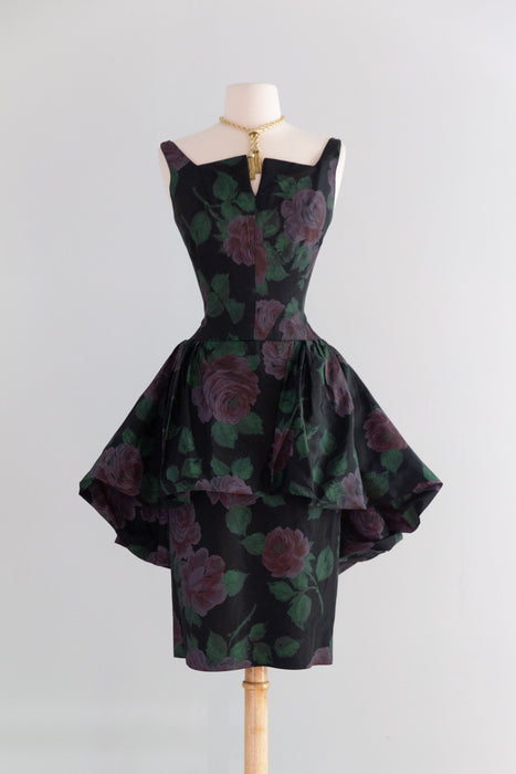 Fabulous 1950's Midnight Garden Rose Print Taffeta Cocktail Dress / SM