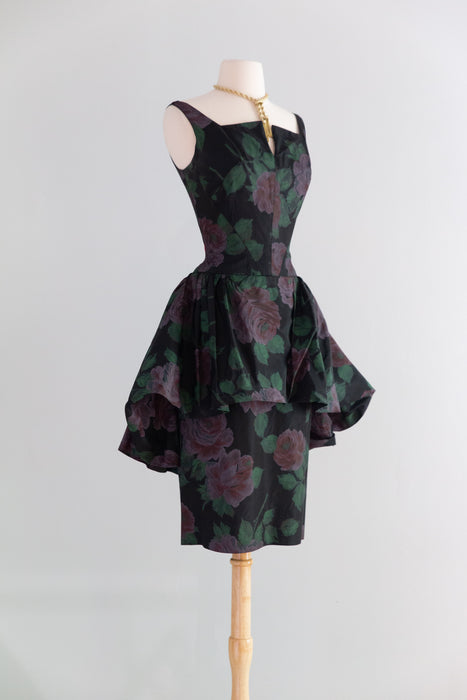 Fabulous 1950's Midnight Garden Rose Print Taffeta Cocktail Dress / SM