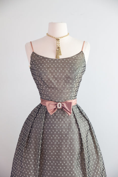 Stunning Early 1960's Sheer Leaf Print Organza Party Dress With Bow / S