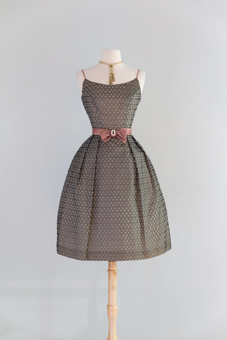 Stunning Early 1960's Sheer Leaf Print Organza Party Dress With Bow / S