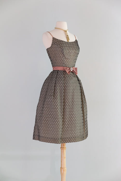 Stunning Early 1960's Sheer Leaf Print Organza Party Dress With Bow / S