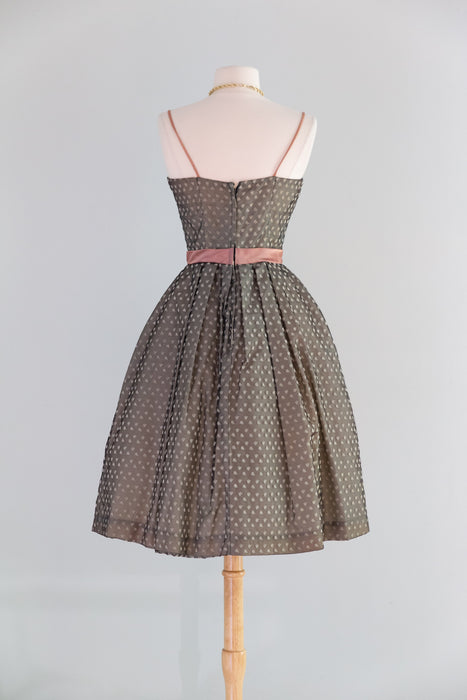 Stunning Early 1960's Sheer Leaf Print Organza Party Dress With Bow / S