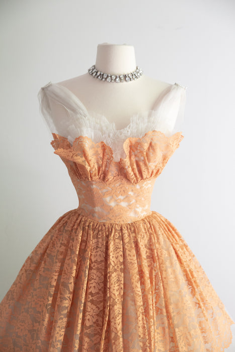 Beautiful 1950's Apricot Lace & Tulle Ballerina Party Dress / XS