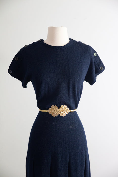 Nautically Minded 1940's Hand Knit Dress in Navy / M
