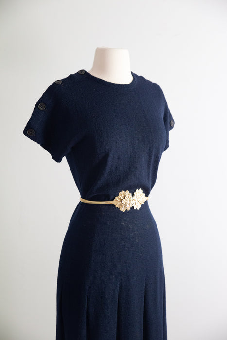 Nautically Minded 1940's Hand Knit Dress in Navy / M