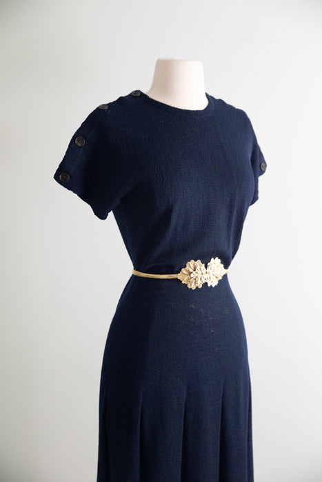 Nautically Minded 1940's Hand Knit Dress in Navy / M