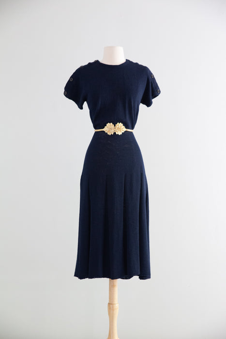 Nautically Minded 1940's Hand Knit Dress in Navy / M