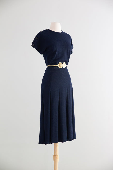 Nautically Minded 1940's Hand Knit Dress in Navy / M