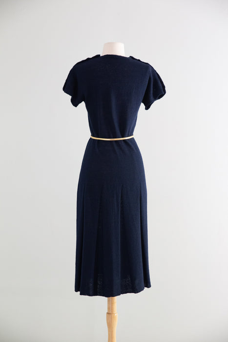 Nautically Minded 1940's Hand Knit Dress in Navy / M