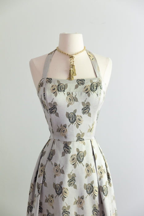 Elegant 1950's Misty Rose Silver Brocade Evening Gown By Bernard Freres / M