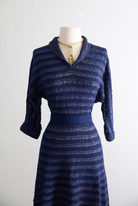 Late 1940's Hand Knit Striped Navy Blue Day Dress / M