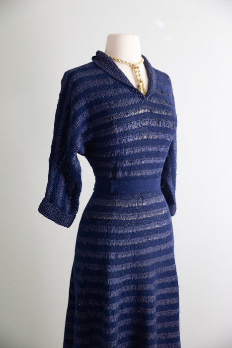 Late 1940's Hand Knit Striped Navy Blue Day Dress / M