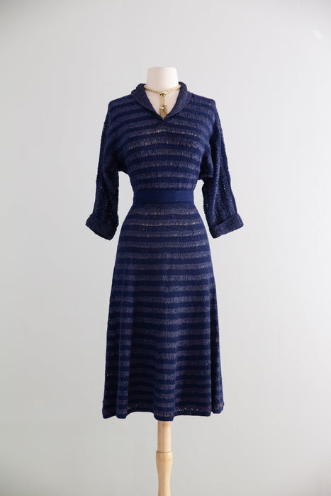 Late 1940's Hand Knit Striped Navy Blue Day Dress / M