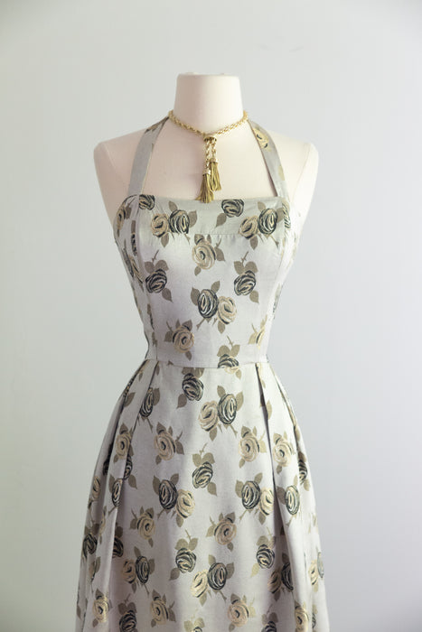 Elegant 1950's Misty Rose Silver Brocade Evening Gown By Bernard Freres / M