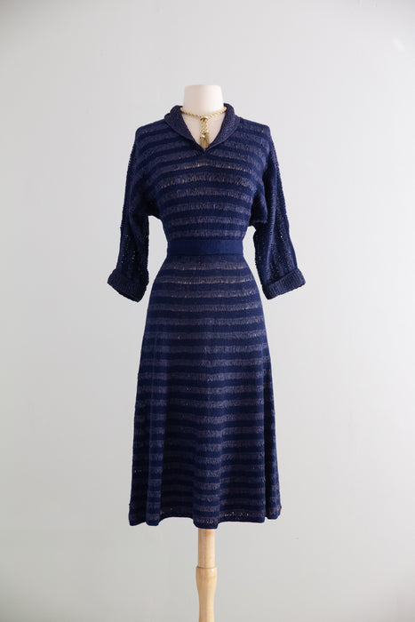 Late 1940's Hand Knit Striped Navy Blue Day Dress / M