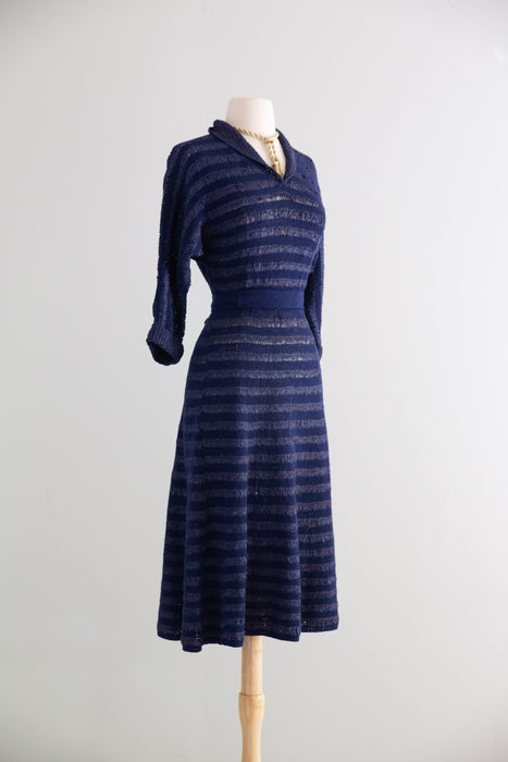 Late 1940's Hand Knit Striped Navy Blue Day Dress / M