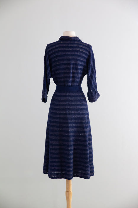 Late 1940's Hand Knit Striped Navy Blue Day Dress / M