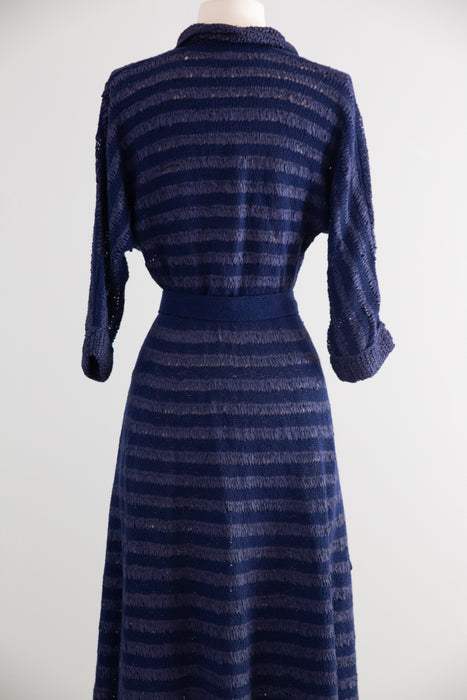 Late 1940's Hand Knit Striped Navy Blue Day Dress / M