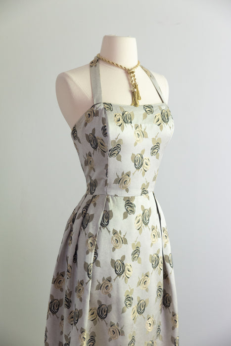 Elegant 1950's Misty Rose Silver Brocade Evening Gown By Bernard Freres / M