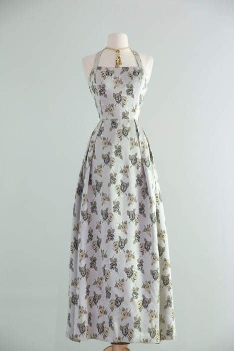 Elegant 1950's Misty Rose Silver Brocade Evening Gown By Bernard Freres / M