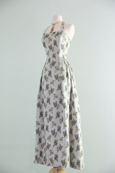 Elegant 1950's Misty Rose Silver Brocade Evening Gown By Bernard Freres / M