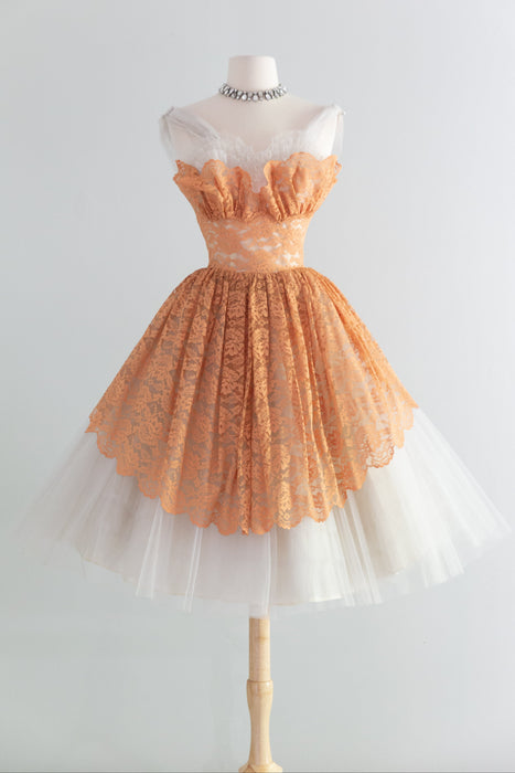 Beautiful 1950's Apricot Lace & Tulle Ballerina Party Dress / XS Xtabay Vintage Beautiful 1950's Apricot Lace & Tulle Ballerina Party Dress / XS Xtabay Vintage