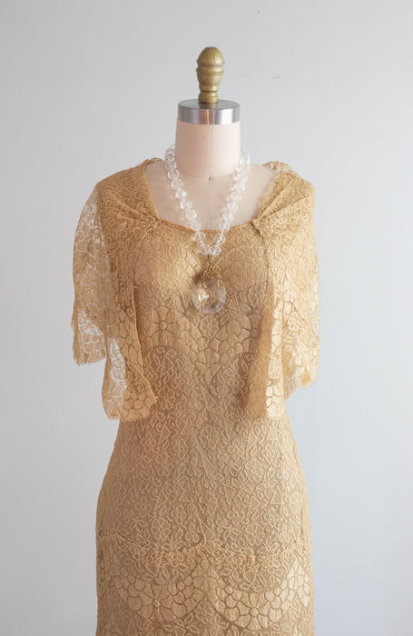 Gorgeous 1920's Champagne Gold Lace Flapper Dress / Small Xtabay Vintage Gorgeous 1920's Champagne Gold Lace Flapper Dress / Small Xtabay Vintage