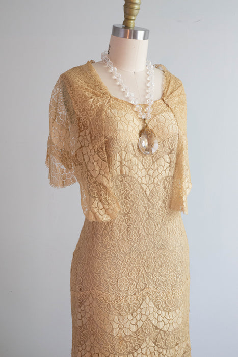 Gorgeous 1920's Champagne Gold Lace Flapper Dress / Small Xtabay Vintage Gorgeous 1920's Champagne Gold Lace Flapper Dress / Small Xtabay Vintage