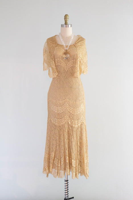 Gorgeous 1920's Champagne Gold Lace Flapper Dress / Small Xtabay Vintage Gorgeous 1920's Champagne Gold Lace Flapper Dress / Small Xtabay Vintage