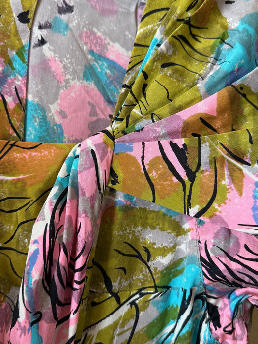 Rare 1940's Nettie Rosenstein Fauvist Landscape Silk Dress / M