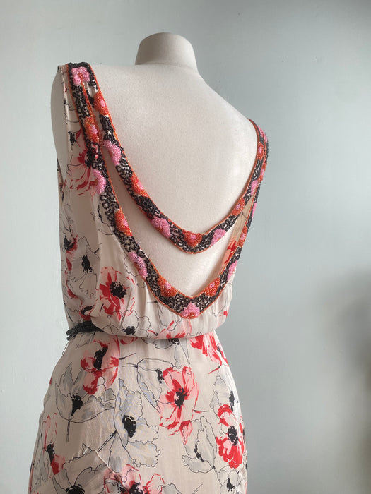 Rare 1930's Silk Bias Cut Gown With Beaded Low Back In a Delicate Poppy Print / SM