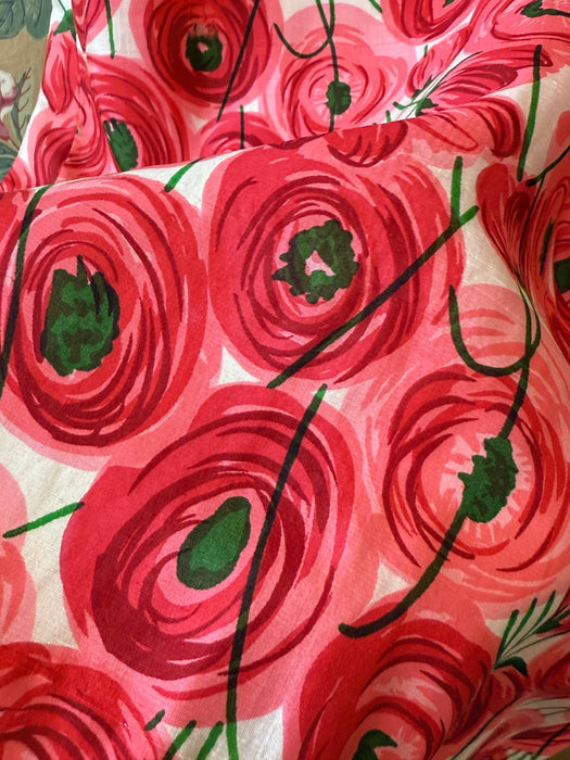 Fabulous Late 50's Pink & Red Abstract Rose Print Silk Dress / SM