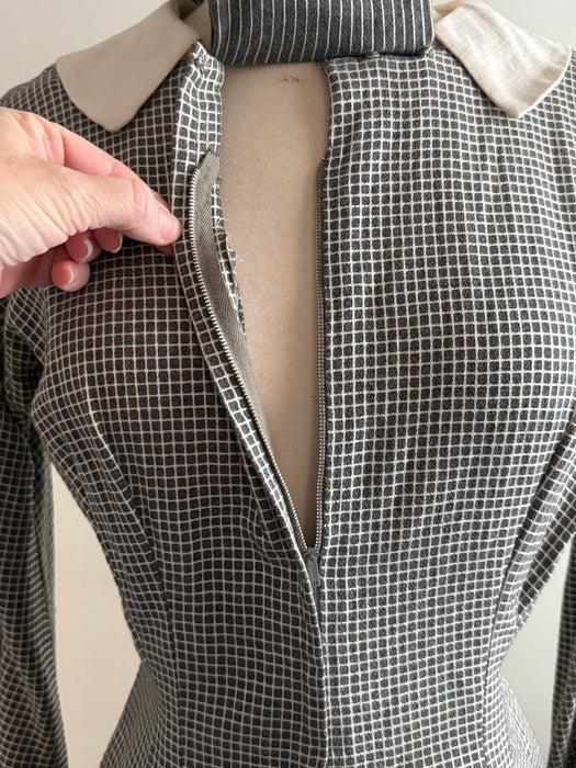 Classic 1950’s Window Pane Wool Crepe Day Dress by Designer Irene / Small