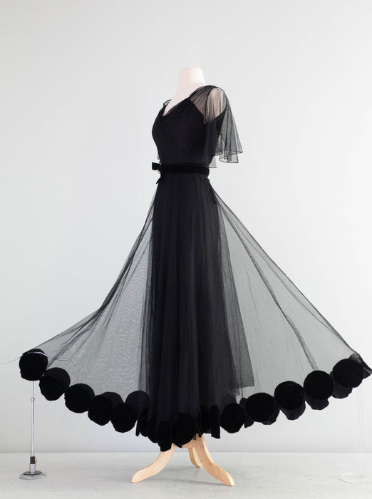 Stunning 1930's Vionnet Inspired Black Evening Gown With Velvet Dot Hem / SM